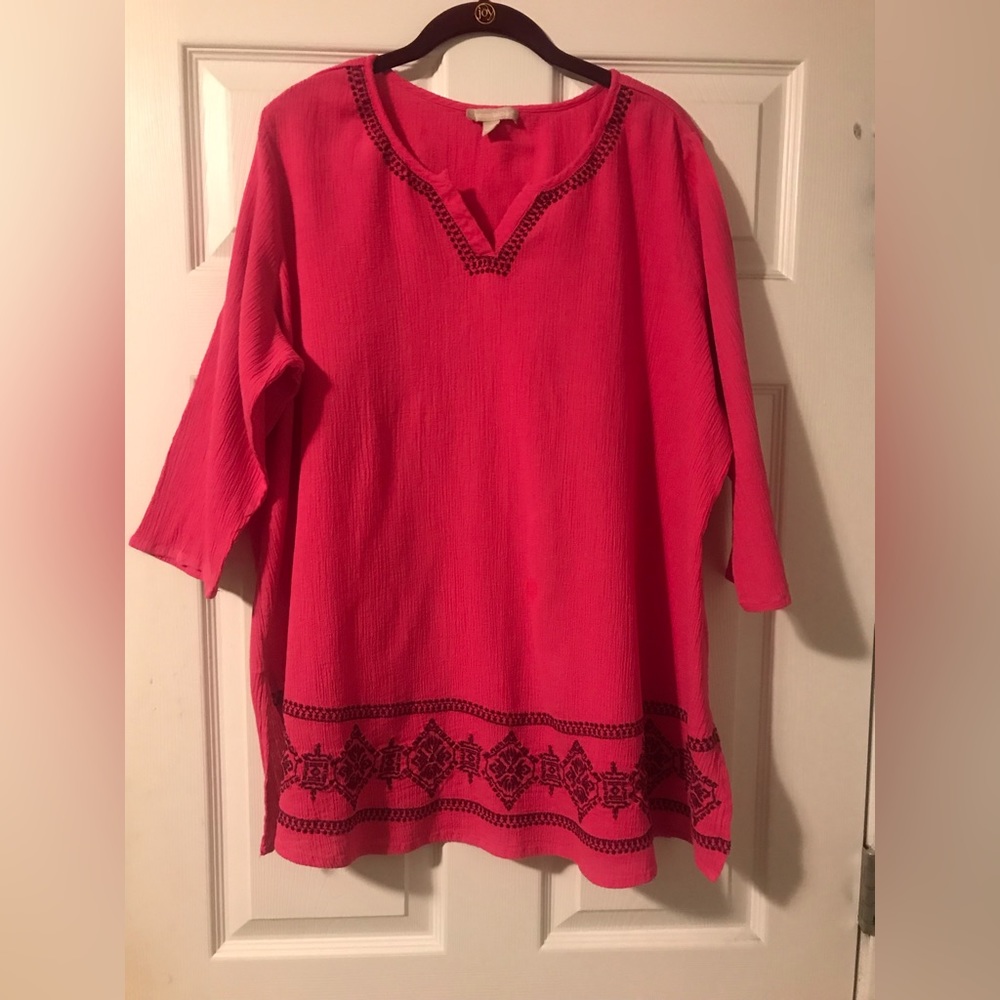 Woman Within 3/4 Sleeve Embroidered Pink Peasant Gauze Top Womens Size 1X